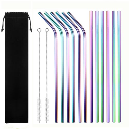 Metal Straw,12 Pcs Reusable Stainless Steel Straws Set 6 Straight + 6 Bent Metal Drinking Straws with 2 Cleaning Brushes & Storage Bag,Stainless Steel Straws for Smoothies,Cocktails,Juice
