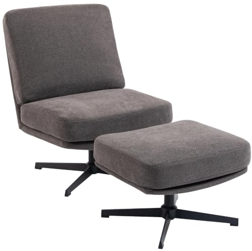 HOMCOM Sessel mit Hocker Drehbar Loungesessel mit Leinenoptik Dunkelgrau | Dicker Breiter Sitz, Moderner Relaxsessel, Schneidersitz Polstersessel, Für Wohnzimmer, Schlafzimmer