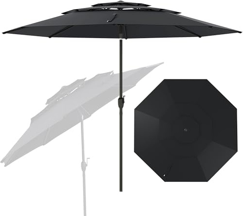 RELAX4LIFE Parasol Droit Inclinable 3M, Parasol de Jardin Extérieur 3M Rond, Toit Ventilé à 3 Couches, Inclinaison 30°, Manivelle, 8 Baleines, Protection Solaire pour Balcon Terrasse (Noir)