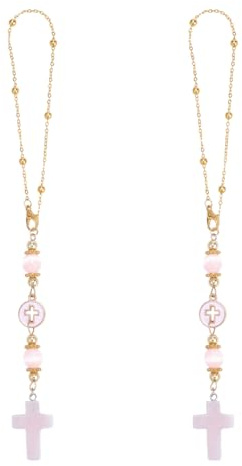 PH PandaHall Cross Crystal Hanging Car Charm Cross Crystal Rearview Mirror Accessories Natural Rose Quartz Crosses Charms Rosary Car Charm Suncatchers for Women Gifts Window Garden Home Decor, 2pcs