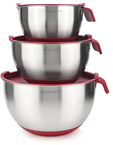 AVACRAFT 18/10 Stainless Steel Mixing Bowls with Lids, non slip silicone base bowls with Handle, Mixing Bowl Set with Pour Spouts & Measurement Marks, Home Essentials Cooking Bowls, (Red)