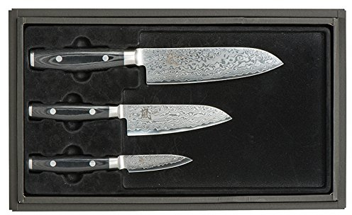 Yaxell Damastmesser Ran 69 - Santokumesser + Santokumesser klein + Schälmesser in Geschenkbox, 69 Lagen, Schnittkern 61-62 HRC