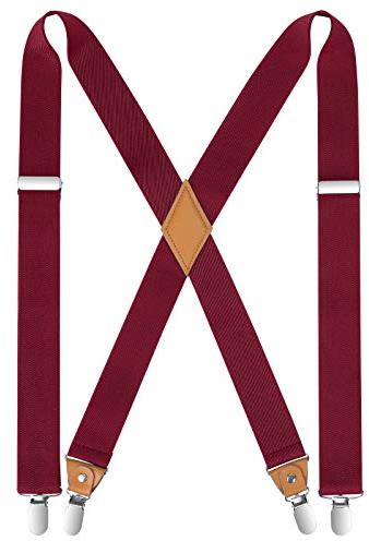 HISDERN Herren 3,5 cm breiter Hosenträger in X-Form mit sehr Starken 4 Metall Clip für Männer und Damen elastisch und verstellbar Rotwein