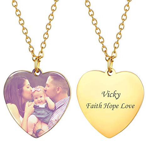 U7 Damen Collier 18k vergoldet personalisiert Herz Anhänger Halskette DIY Foto Kette mit Gravur goldfarben Frauen Mädchen Modeschmuck Accessoire für Valentinstag Weihnachten