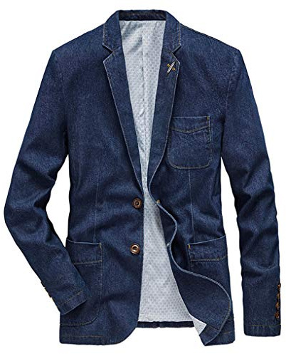 ebossy Men's Casual Slim Denim Blazer Two Button Business Suit Jacket Sport Coat (Small, Dark Blue)