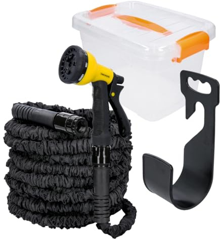 Tough Master Expandable Garden Hose 100FT Flexible Expanding Magic Watering Hose with 8 Function Spray Gun 3/4 1/2 Fittings Leak-Proof Hose Pipe Comes in Plastic Storage Box