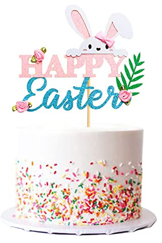 Giga Gud 1 Pcs White Rabbit Bunny Cake Topper, Easter Party Cake Topper Decorations, 1pcs (Bunny Flower)