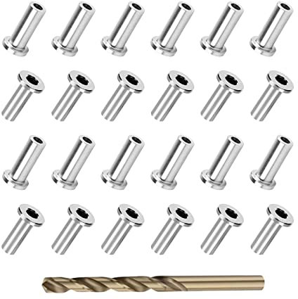 Lot de 100 manchons de protection en acier inoxydable pour câbles métalliques de 0,3 cm, kits de garde-corps avec foret pour poteaux en bois et composites