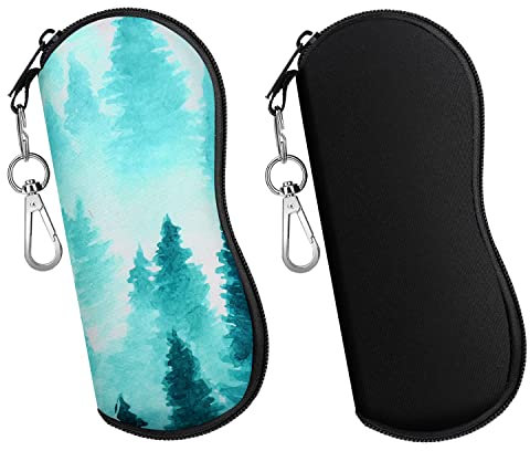 MoKo Custodia per Occhiali 2 Pezzi, Porta Occhiali, Astuccio Portatile a Cerniera di Neoprene Morbido con Clip da Cintura, per Occhiali, Montature, Cosmetici, Chiavi, Penne, Nero + Foresta