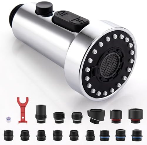 【Updated】 Pull Down Kitchen Faucet Sprayer Head Replacement Part, 3 Function Pull Out Sink Sprayer Replacement Nozzle, Kitchen Faucet Head Hose Spray Tap Spout, Chrome