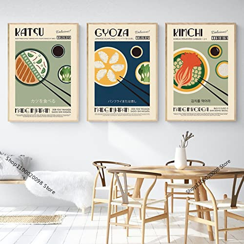 Vintage Japanese Korean Food Poster Gyoza Katsu Kimchi Bibimbap 3 Stück Leinwand Gemälde Wandkunst Bild Küche Restaurant Home Decor 14X20 Kein Rahmen