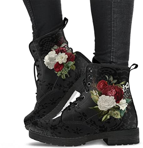 Onsoyours Damen Herbst Winter Stiefel Gothic Chelsea Boot Punk Stiefeletten Biker Boot Knöchel Stiefel Mit Blockabsatz Gotisch Retro Drucken Kurze Stiefeletten A Weiße Rose 41 EU