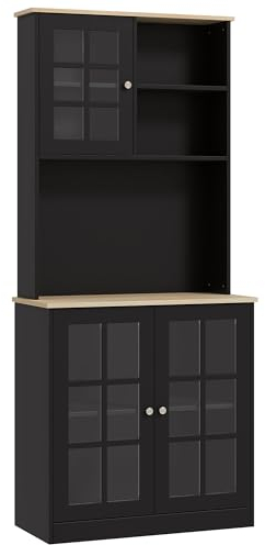 HOMCOM Aparador de Cocina Armario multialmacenaje Vitrina 3 Puertas con 2 estantes Tapa Grande MDF Roble Negro