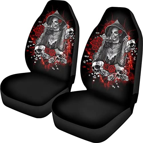 Biyejit Gothic Damen Autositzbezüge mit Rosen-Totenkopf-Motiv, nur Vordersitze, komplettes Set mit 2 Stück, universelle Passform, für Auto, LKW, SUV oder Van