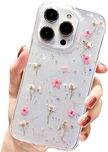AMART for iPhone 14 Pro Case Flowers, Clear with Pressed Dried Flower Cute Glitter Design Women Girls Floral Aesthetic Soft TPU Phone Cover for iPhone 14 Pro (6.1 inch)(Pink Gypsophila)