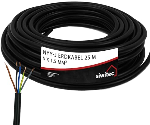 siwitec NYY-Kabel, NYY-J 5x1,5 mm², 25 m, Erdkabel, Installationskabel, Erdleitung, Kabelring - Made in Germany