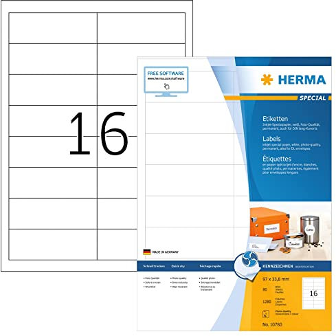 HERMA 10780 Adressetiketten für Inkjet Drucker, 80 Blatt, 97 x 33,8 mm, 16 pro A4 Bogen, 1280 Stück, selbstklebend, bedruckbar, matt, blanko Adressaufkleber Etiketten für Tintenstrahldrucker, weiß