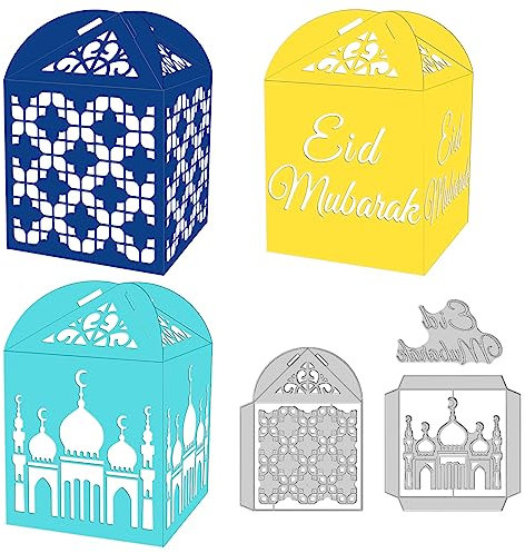 GLOBLELAND Eid Mubarak Box 3D Geschenkbox Stanzformen Für DIY Scrapbooking Metall Eid Al-Fitr Muslim Stanzungen Prägeschablonen Vorlage Für Papierkartenherstellung Dekoration Album Handwerk