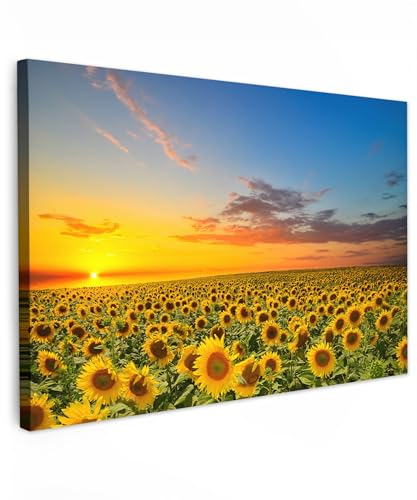 MuchoWow© Bild auf Leinwand 90x60 cm Schlafzimmer Bilder Wand Deko Wohnzimmer Modern Wanddeko Bilderwand Geschenk Natur - Blumen - Sonnenblume - Sonnenuntergang - Nacht - Orange