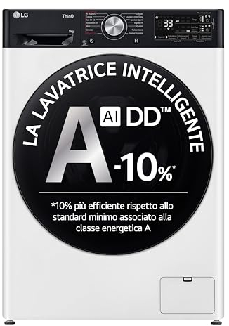 LG AI DD F4R7509TSWB Lavatrice 9kg, a Carica Frontale, Serie R7, Lavatrice Classe A -10%, 1400 giri, TurboWash 360, Autodosaggio, Vapore su 7 Programmi, Wi-Fi, Libera Installazione, Bianco