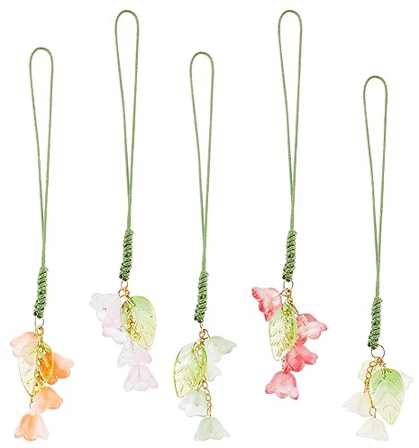 BENECREAT 5 Colors Cell Phone Strap Charms, Flower Pendant Charm Pocket Keychain Strap Leaf Phone Accessories for Car Key Purse Decoration Bags Keychain, 4.7 inch long
