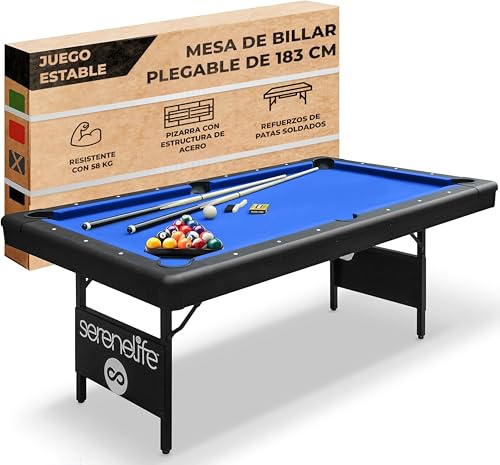 SereneLife 6-Fuß Klapp-Pooltisch – Tragbarer Billardtisch – Inklusive 2 Queues, vollständigem Ballset, Kreide, Bürste – Klappbarer Pooltisch für Kinder und Erwachsene (Blau)