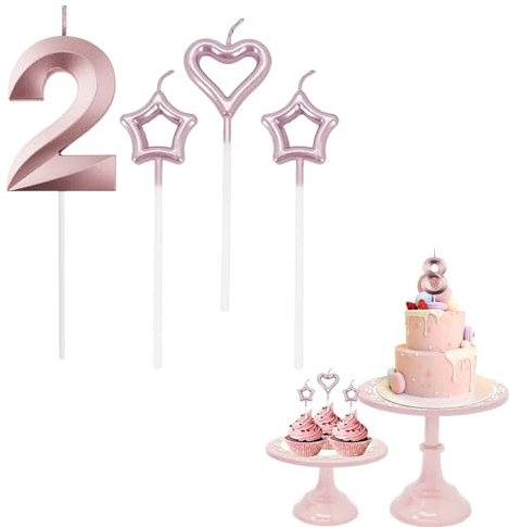 2nd Birthday Candle Rose Gold Number 2 Candle for Birthday Cake with Heart-Shaped Candles, Rose Gold 2 Candle for Cake Birthday Cake Topper Decorations for Girls Birthday Wedding Anniversary Party