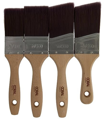 Coral 31718 Aspire 4 Piece Paint Brush Set Professional Firm Straight Cut Flat Profile for Fast Accurate Ultra-Smooth Finish with Trade Emulsion Gloss FSC Wood 1.5, 2, 2 Angled, 2 Angled Stubby