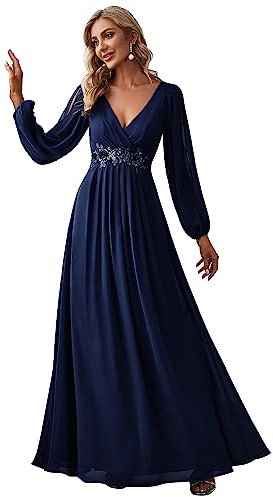 Ever-Pretty Damen Stilvolle Chiffon V-Ausschnitt Applique Plus Size Abendkleider mit Langen Laternenärmeln Navy Blau 40