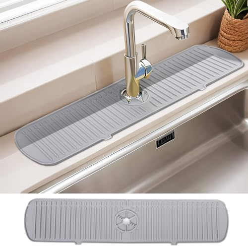 Guittly Wasserhahn Spüle Spritzschutz, Silikon abtropfmatte spüle, Spritzschutz für Küche Badezimmer Thekenspüle trocken (61x14.5cm,Grau)