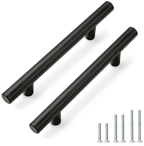 PinLin 5 Pack Cabinet Handles Black Kitchen Cabinet Pulls 90mm Hole Centre Stainless Steel Cupboard Door Handles Modern Design