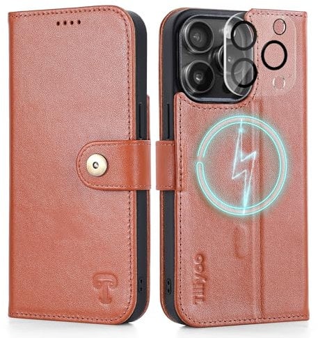 TILIYOO Leather Case with Magsafe for iPhone 15 Pro Max, Top Grain Real Cowhide Folio Purse Case Flip Cover with Card Cash Slots,Button Clip Clasp Magnetic Closure & Kickstand 6.7'',Brown