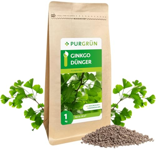 Purgrün® Bio-Ginkgo-Dünger 1 kg – Erhöht die Widerstandskraft mit extra Kalium – Extra Magnesium für leuchtend grüne Blätter – Verbessert die Bodenqualität – Veganer Baumdünger für 2-3 Ginkgobäume