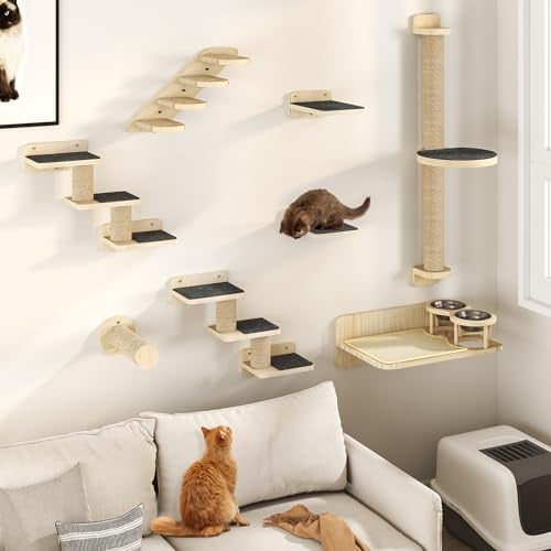 YITAHOME 8PCS Kletterwand Katzen, Katzenwandmöbel mit 1 Katzentreppe/2 Plattformen und 2 Leitern mit rutschfesten Matten/1 Sisalpfosten mit großer Plattform/Katzenbett mit 2 Katzennäpfen