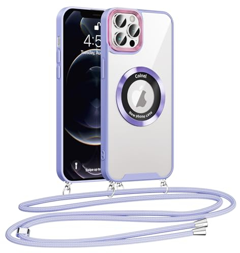 Kokio Cover Magnetica per iPhone 12/iPhone 12 Pro 6,1con Cordino,Custodia con Regolabile Collane Laccio per Cellulare da Collo,Antigraffio Protezione Cover per iPhone12, Lilla