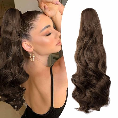 Gairyan 50cm Postiche Queue de Cheval avec Pince Extensions de Cheveux Naturel a Clip Ondulé Extension Queue de Cheval Synthétique Rajout Cheveux Claw on Ponytail Longue Bouclée - Marron Chatain