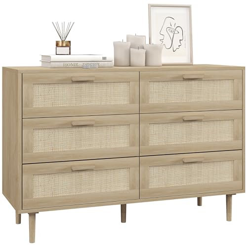 HOMCOM Cassettiera 6 Cassetti in Stile Bohemien per Soggiorno, Cassettiera Camera da Letto Boho in Legno e Rattan, 110x40x75 cm, color Legno