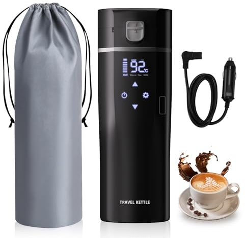 Wasserkocher Auto Temperatureinstellung Klein Edelstahl - Reisewasserkocher,12V/24V 0,5 Liter Thermoskanne,Mini Tragbarer Camping Wenig Watt Kaffee Tee Elektrische Wärmflasche (schwarz)
