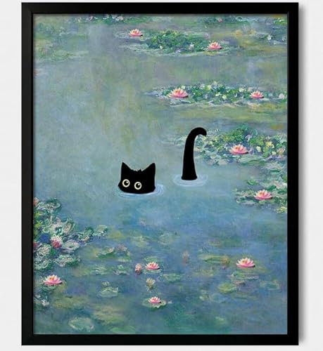 Hamduker Lustige schwarze Katzen-Wandkunst, Monet-Kunst, Seerose, Katze, Wandkunst, Dekoration, adrette, ästhetische Katzen-Poster für Schlafzimmer, Badezimmer, Wohnzimmer (Größe: 27,9 x 35,6 x 1