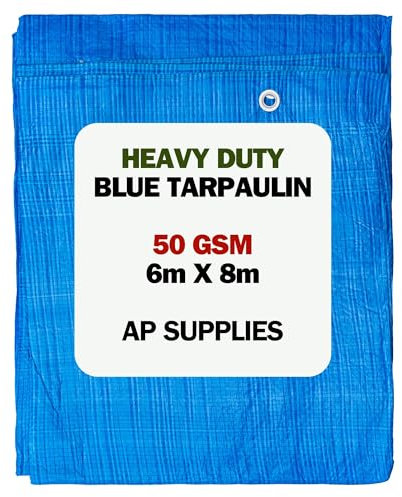 6m x 8m Blue Tarpaulin Cover - 50gsm Thick - 20ft x 26ft Waterproof, Weatherproof, Frost-Resistant, UV Protection, Universal, Multipurpose, Groundsheet, Camping, Boating, Hiking Heavy Duty Sheet