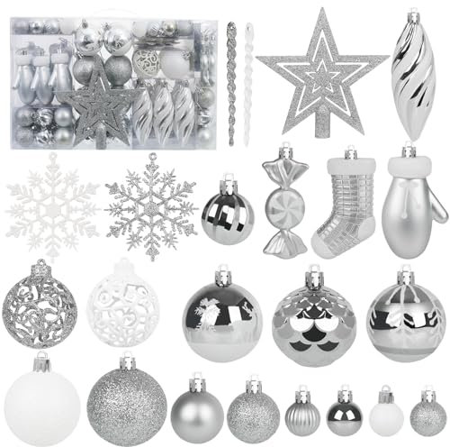 Miaikoe 135 Pcs Weihnachtskugel Ornamente Set, bruchsichere Kunststoff Verschiedene vorgebundene Weihnachtskugeln für Weihnachtsbaum Hängende Dekorationen Festival Party Feiertag Dekor (Silber)