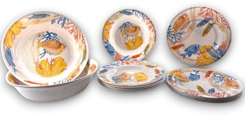 Set di Stoviglie in Melamina - 15 Pezzi, 2 Fantasie Disponibili - 6 Piatti Piani, 6 Piatti Fondi, 3 Insalatiere - Leggero, Durevole, Lavabile in Lavastoviglie, BPA Free (Melamina, Marino)