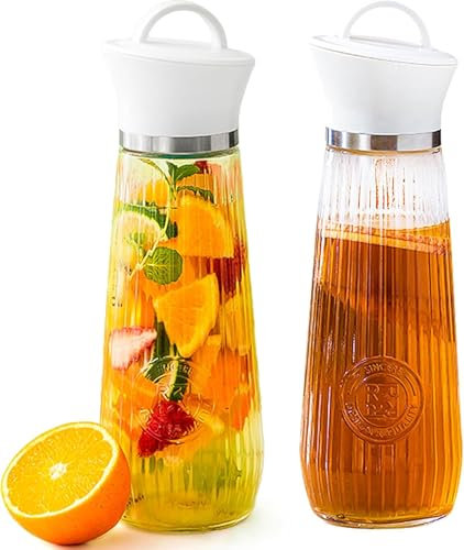 WUWEOT 2 Pack 900ml Glass Carafe with Flip Top Lids, Carafe Pitchers Glass Jug, Drip-Free Beverage Dispenser Fruit Juice Pitcher for Cold and Hot Water, Wine, Juice, Milk, Iced Tea, Lemonade