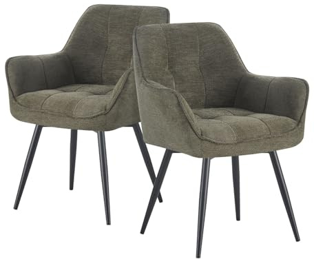 DUBI Möbel® Premium-Esszimmerstühle Thomas-Luna 2er Set– Federkern-Polster, Webstoff Grün, Armlehnen, Metallbeine schwarz, deutsche Qualität, Industrial Design, für Esszimmer, Gastronomie, Küche