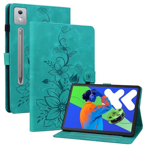 Rosbtib Funda para Lenovo Tab P12 12,7 Pulgadas 2025, Funda Protectora de Visualización Multiángulo con [Ranura para Tarjetas] [Cierre Magnético], Lirios Verde