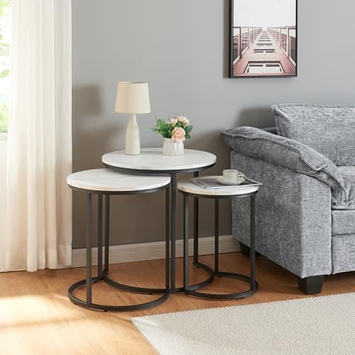 [en.casa] Lot de 3 Tables Basses Gigognes de Tailles Différentes Set de 3 Tables d'Appoint Bout de Canapé pour Salon Chambre Bureau Panneau de Particules Métal Noir Effet Marbre Blanc