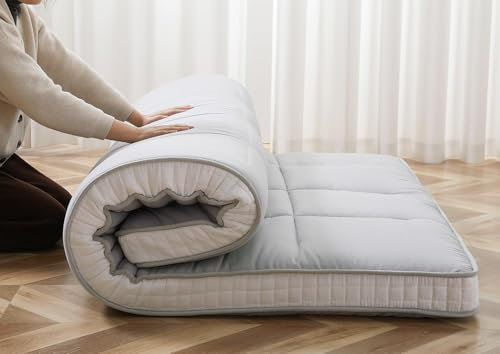 ZIKEBTUY 203*137*10CM Japanischer Futon Matratze - 10CM Dick Klappbar Boden Schlafmatratze für Gäste, Aufrollen Tragbar Matratze für Gästebett, Tatami/Schlafsäle Bett, Camping oder Wohnmobil - Grau