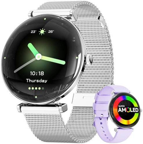 Smartwatch Damen, Konvexe Licht Dünn Smartwatch für Damen, 4,3 cm 1,43 Zoll AMOLED Touchscreen, Sportuhr mit Fitnessuhr, DIY Zifferblatt, Schlafüberwachung, Schrittzähler für Android iOS(Silber)