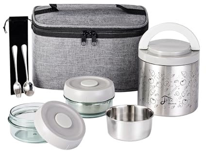 Lille Home 1065ml Lunch Box Set, an Vacuum Insulated Bento/Snack Box Keeping Food Warm for 3-4 Hours, Two BPA-Free Food Containers, A Lunch Bag, A Portable Cutlery Set (Grey)