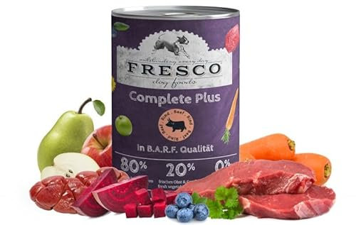 Fresco Complete Plus (haltbares B.A.R.F.) Rind | 6 x 400g | Hoher Anteil an frischem Fleisch und frischen Innereien | schonend dampfgegart | Nassfutter für Hunde